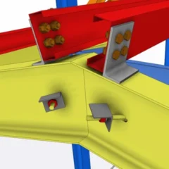 Modelo 3D de ligações parafusadas com cantoneiras entre vigas vermelhas e viga amarela